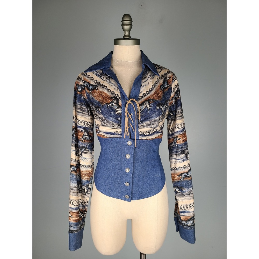 VTG Banjo Sz M Denim Top Wild Horses Lace Up Fitted Y2K Western 70s Cowgirl